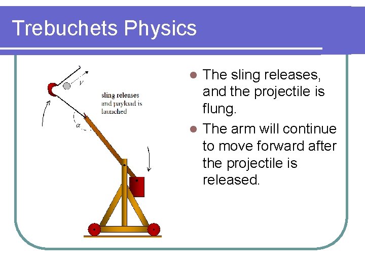 Trebuchets Physics The sling releases, and the projectile is flung. l The arm will