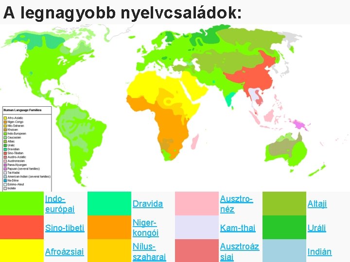 A legnagyobb nyelvcsaládok: Indoeurópai Dravida Ausztronéz Altaji Sino-tibeti Nigerkongói Kam-thai Uráli Afroázsiai Nílusszaharai Ausztroáz