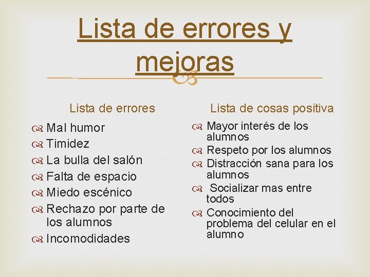 Lista de errores y mejoras Lista de errores Mal humor Timidez La bulla del