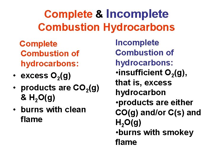 Complete & Incomplete Combustion Hydrocarbons Complete Combustion of hydrocarbons: • excess O 2(g) •