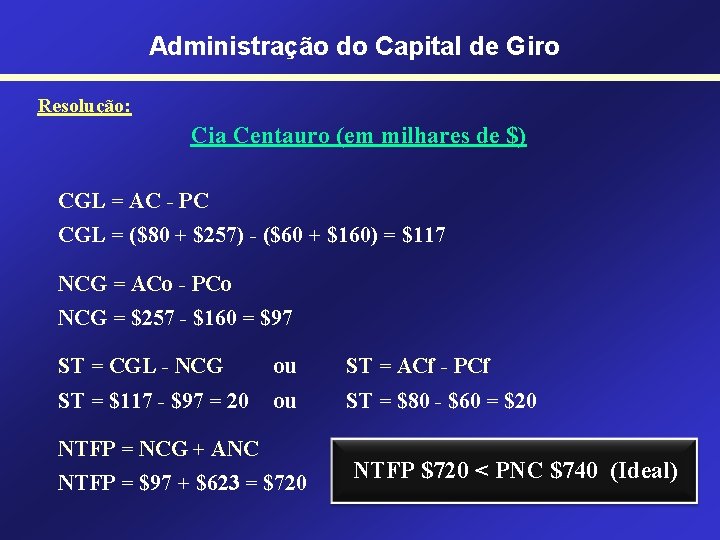 Administração do Capital de Giro Resolução: Cia Centauro (em milhares de $) CGL =