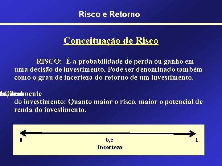 Risco e Retorno Conceituação de Risco RISCO: É a probabilidade de perda ou ganho