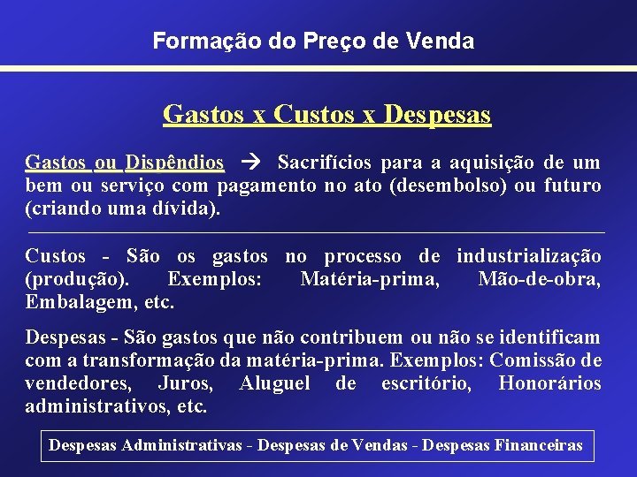 Formação do Preço de Venda Gastos x Custos x Despesas Gastos ou Dispêndios Sacrifícios