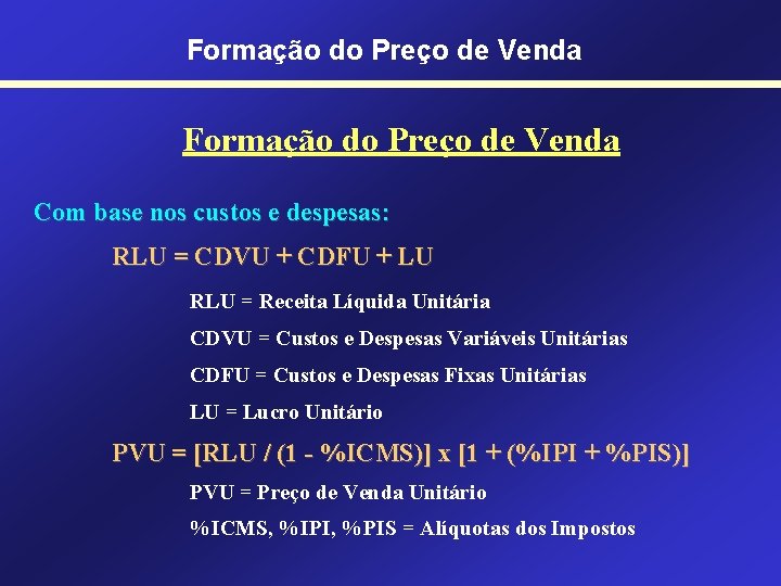 Formação do Preço de Venda Com base nos custos e despesas: RLU = CDVU