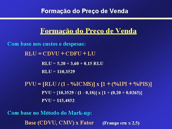 Formação do Preço de Venda Com base nos custos e despesas: RLU = CDVU