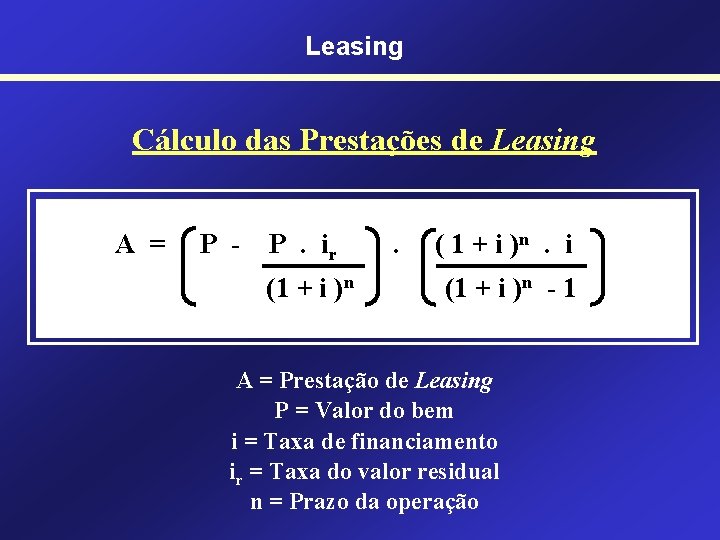Leasing Cálculo das Prestações de Leasing A = P - P. ir (1 +