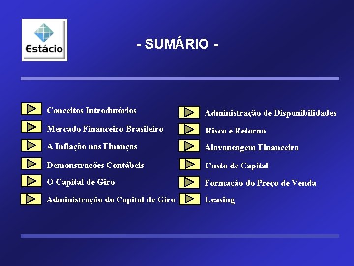 - SUMÁRIO - Conceitos Introdutórios Administração de Disponibilidades Mercado Financeiro Brasileiro Risco e Retorno