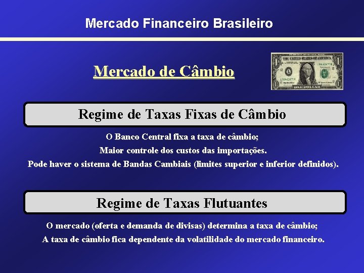 Mercado Financeiro Brasileiro Mercado de Câmbio Regime de Taxas Fixas de Câmbio O Banco