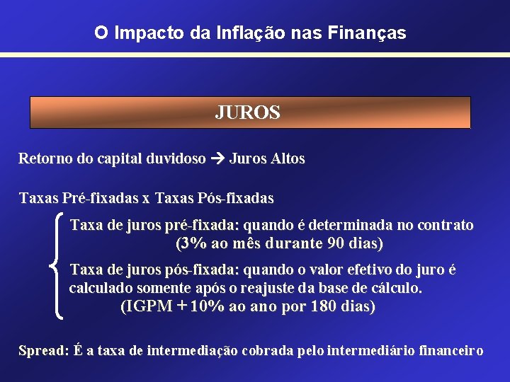 O Impacto da Inflação nas Finanças JUROS Retorno do capital duvidoso Juros Altos Taxas