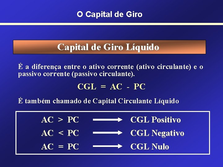 O Capital de Giro Líquido É a diferença entre o ativo corrente (ativo circulante)