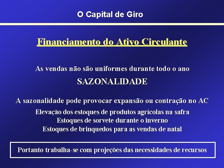 O Capital de Giro Financiamento do Ativo Circulante As vendas não são uniformes durante