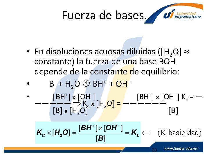 Fuerza de bases. • En disoluciones acuosas diluidas ( H 2 O constante) la