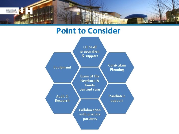 Point to Consider UH Staff preparation & support Curriculum Planning Equipment Exam of the