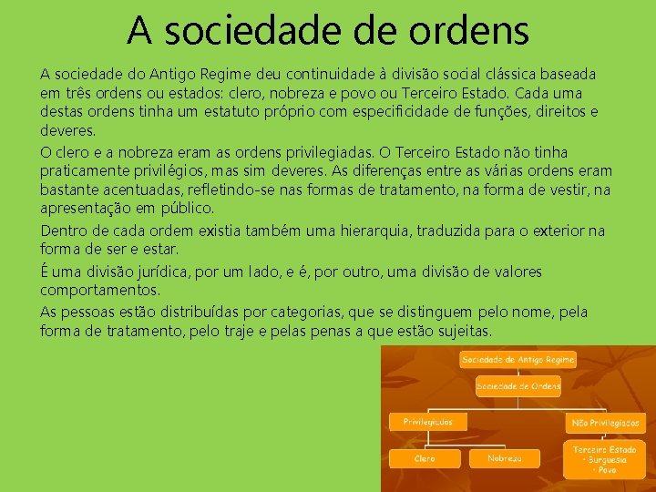 A sociedade de ordens A sociedade do Antigo Regime deu continuidade à divisão social