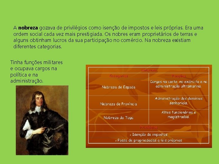 A nobreza gozava de privilégios como isenção de impostos e leis próprias. Era uma