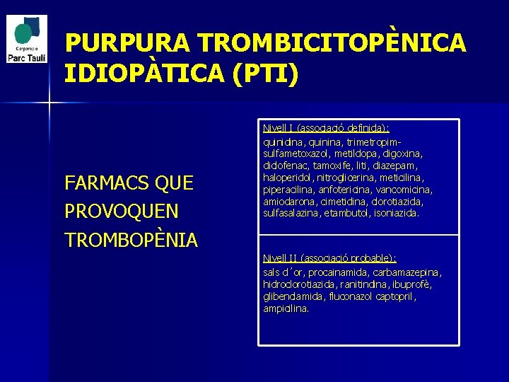 PURPURA TROMBICITOPÈNICA IDIOPÀTICA (PTI) FARMACS QUE PROVOQUEN TROMBOPÈNIA Nivell I (associació definida): quinidina, quinina,