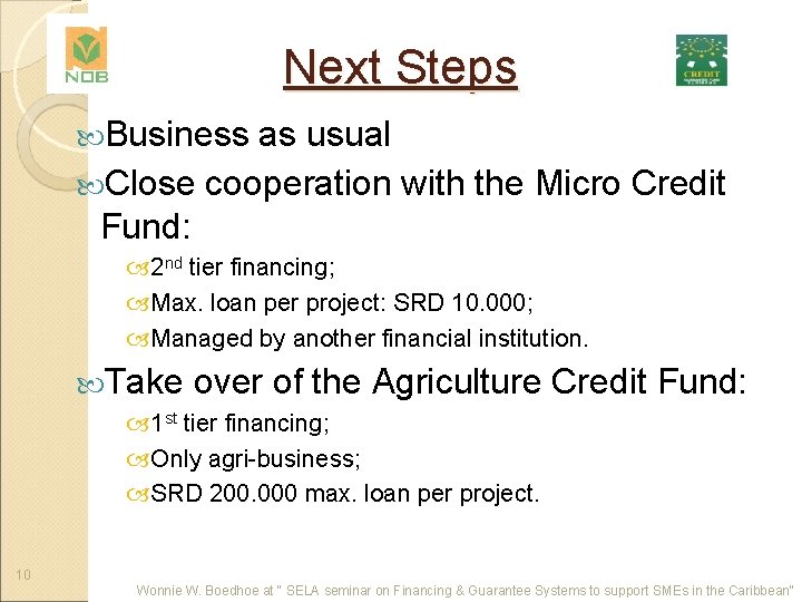 Next Steps Business as usual Close cooperation with the Micro Credit Fund: 2 nd