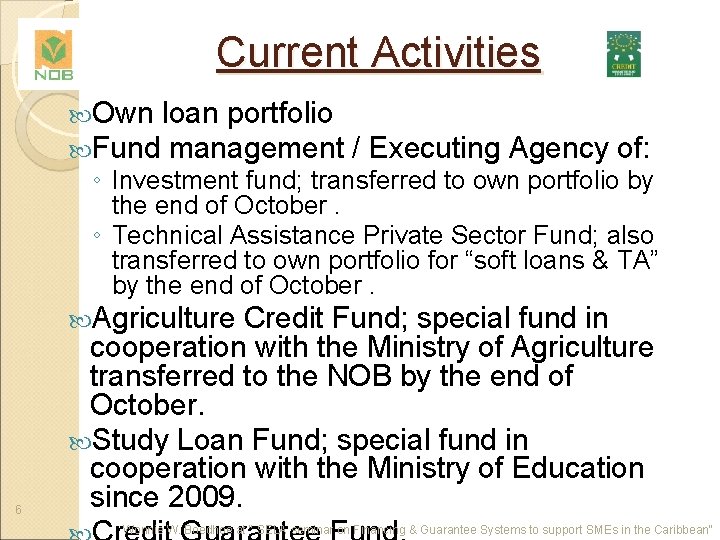 Current Activities Own loan portfolio Fund management / Executing Agency of: ◦ Investment fund;