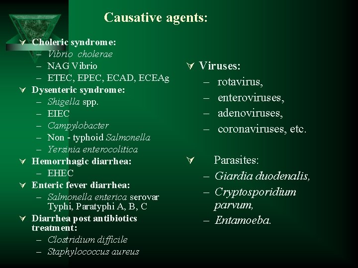 Causative agents: Ú Choleric syndrome: Ú Ú – Vibrio cholerae – NAG Vibrio –