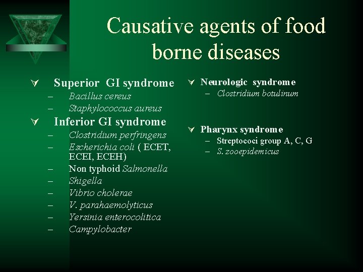 Causative agents of food borne diseases Superior GI syndrome Ú – – Bacillus cereus