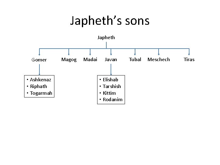 Japheth’s sons Japheth Gomer • Ashkenaz • Riphath • Togarmah Magog Madai Javan •