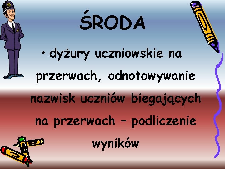 ŚRODA • dyżury uczniowskie na przerwach, odnotowywanie nazwisk uczniów biegających na przerwach – podliczenie