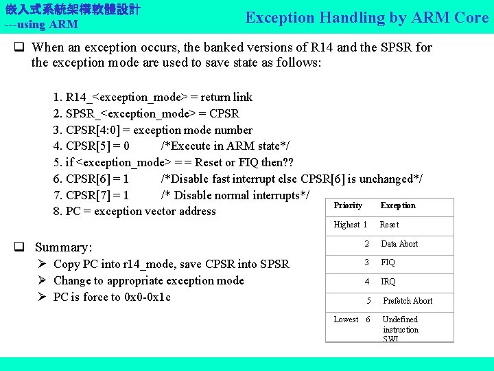 嵌入式系統架構軟體設計 ---using ARM Exception Handling by ARM Core q When an exception occurs, the