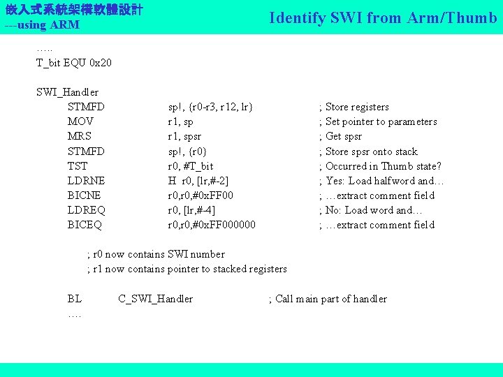 嵌入式系統架構軟體設計 ---using ARM Identify SWI from Arm/Thumb …. . T_bit EQU 0 x 20