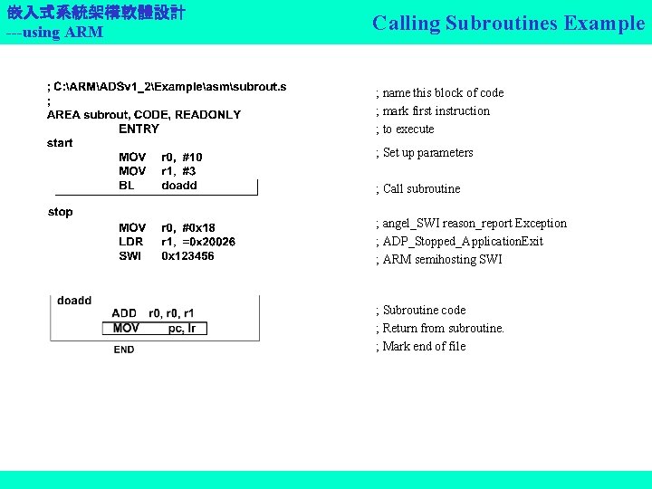 嵌入式系統架構軟體設計 ---using ARM Calling Subroutines Example ; name this block of code ; mark