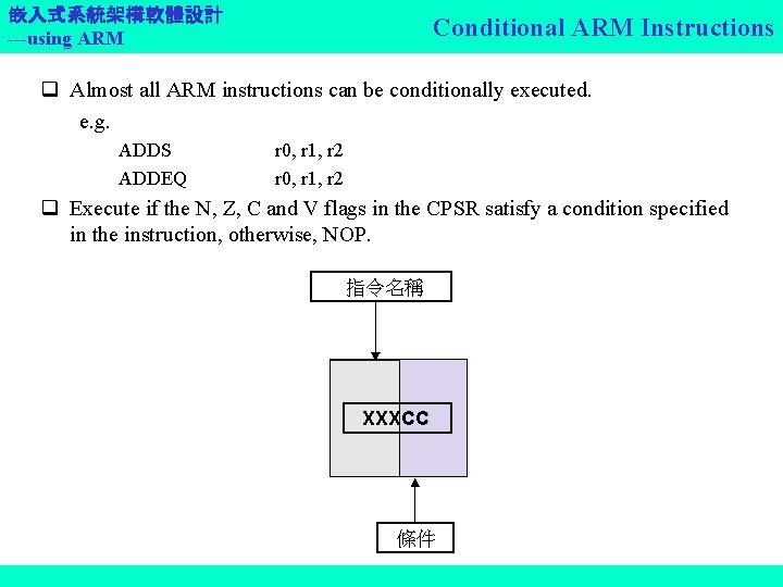 嵌入式系統架構軟體設計 ---using ARM Conditional ARM Instructions q Almost all ARM instructions can be conditionally