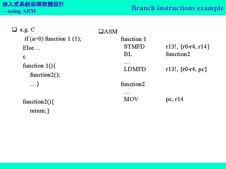 嵌入式系統架構軟體設計 ---using ARM q e. g. C if (a=0) function 1 (1); Else… c