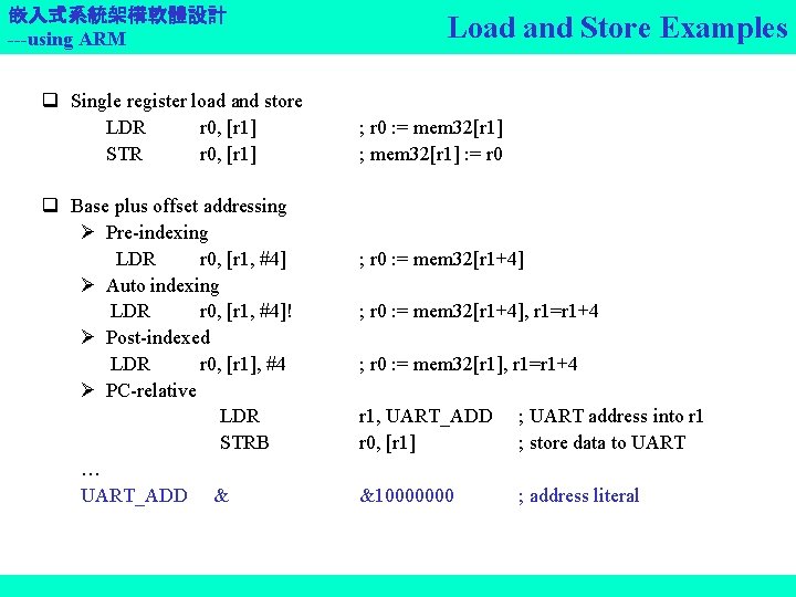 嵌入式系統架構軟體設計 ---using ARM q Single register load and store LDR r 0, [r 1]