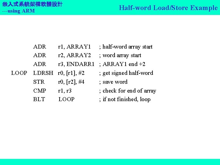 嵌入式系統架構軟體設計 ---using ARM ADR ADR LOOP LDRSH STR CMP BLT r 1, ARRAY 1