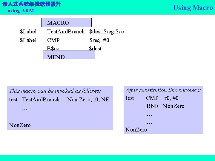 嵌入式系統架構軟體設計 ---using ARM $Label Using Macro MACRO Test. And. Branch $dest, $reg, $cc CMP