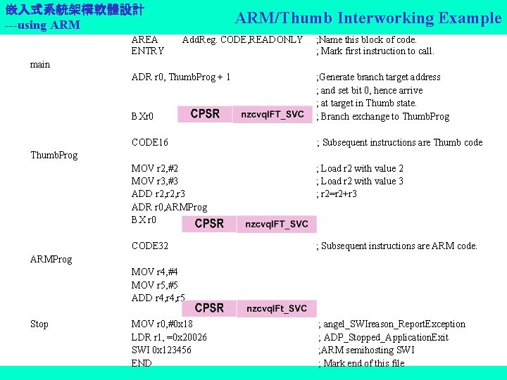 嵌入式系統架構軟體設計 ---using ARM AREA ENTRY ARM/Thumb Interworking Example Add. Reg. CODE, READONLY ; Name