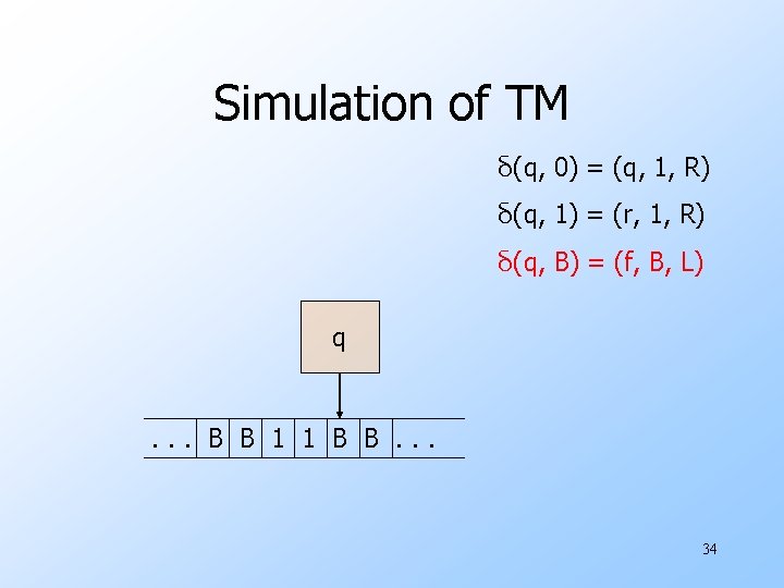 Simulation of TM δ(q, 0) = (q, 1, R) δ(q, 1) = (r, 1,