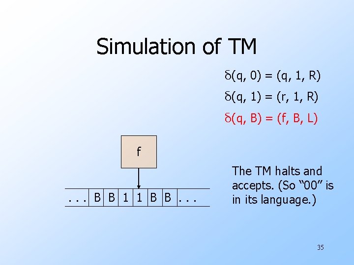 Simulation of TM δ(q, 0) = (q, 1, R) δ(q, 1) = (r, 1,