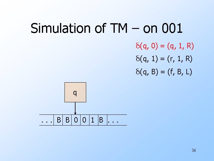 Simulation of TM – on 001 δ(q, 0) = (q, 1, R) δ(q, 1)