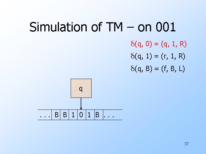 Simulation of TM – on 001 δ(q, 0) = (q, 1, R) δ(q, 1)