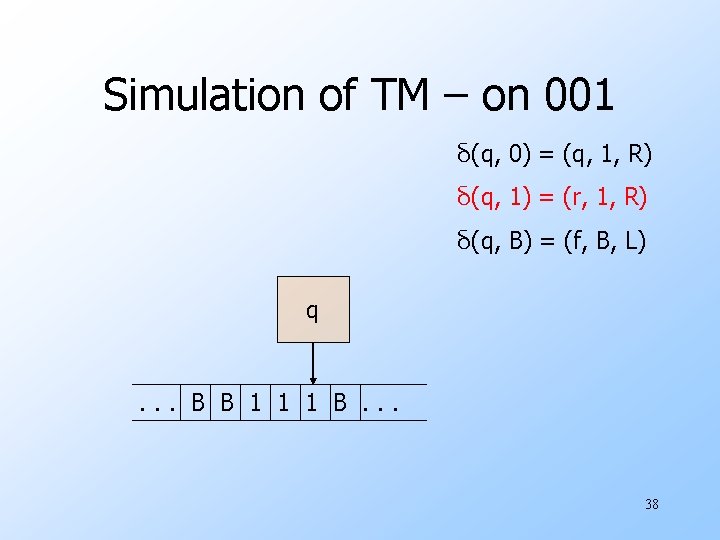 Simulation of TM – on 001 δ(q, 0) = (q, 1, R) δ(q, 1)