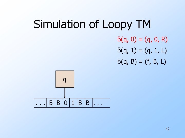 Simulation of Loopy TM δ(q, 0) = (q, 0, R) δ(q, 1) = (q,