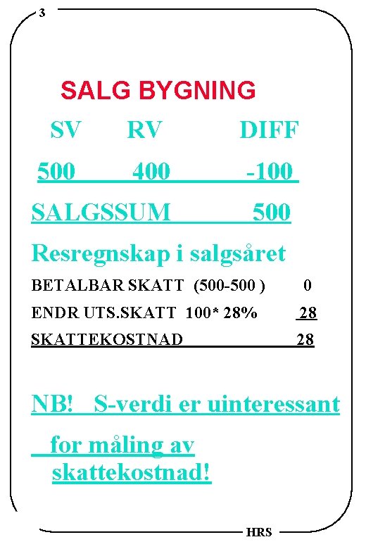 3 SALG BYGNING SV RV DIFF 500 400 -100 SALGSSUM 500 Resregnskap i salgsåret