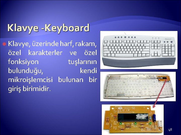 Klavye -Keyboard Klavye, üzerinde harf, rakam, özel karakterler ve özel fonksiyon tuşlarının bulunduğu, kendi