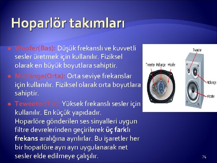 Hoparlör takımları Woofer(Bas): Düşük frekanslı ve kuvvetli sesler üretmek için kullanılır. Fiziksel olarak en