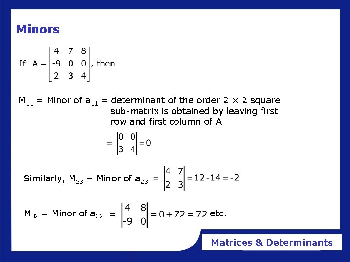 Minors M 11 = Minor of a 11 = determinant of the order 2 Minors M 11 = Minor of a 11 = determinant of the order 2