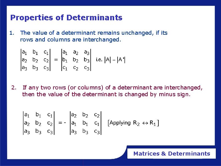 Properties of Determinants 1. 2. The value of a determinant remains unchanged, if its