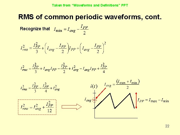 Taken from “Waveforms and Definitions” PPT RMS of common periodic waveforms, cont. Recognize that