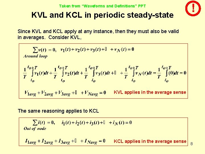 Taken from “Waveforms and Definitions” PPT KVL and KCL in periodic steady-state ! Since