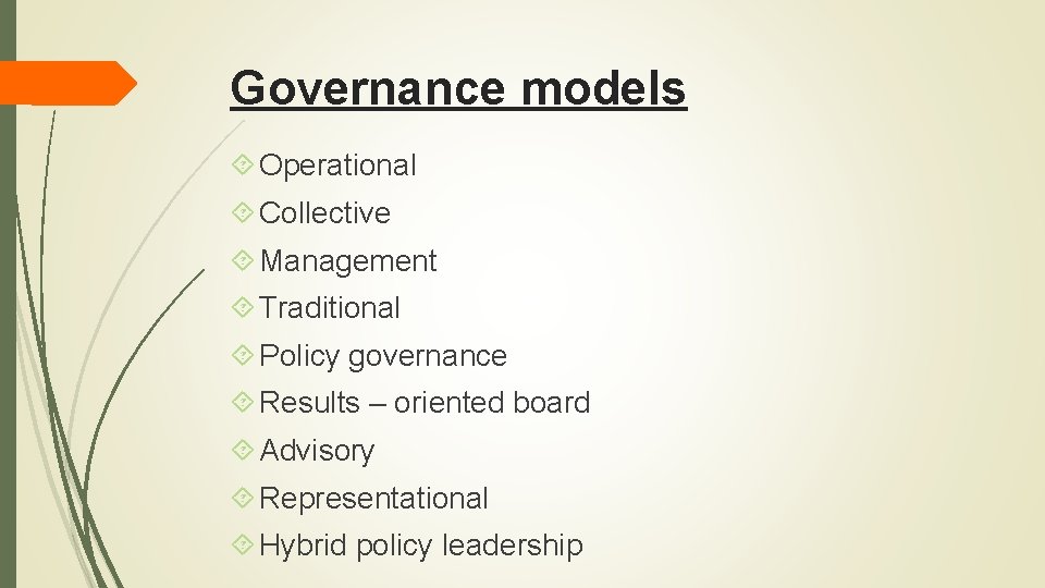 Governance models Operational Collective Management Traditional Policy governance Results – oriented board Advisory Representational