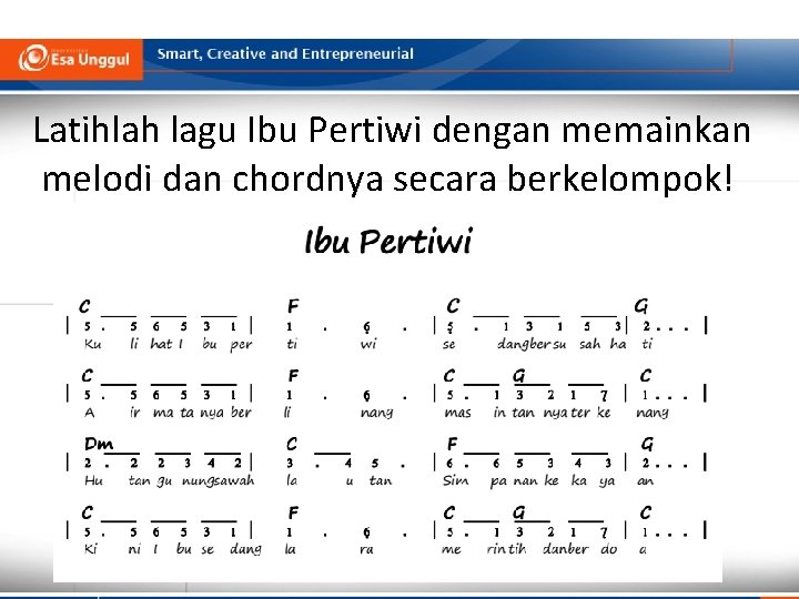 Latihlah lagu Ibu Pertiwi dengan memainkan melodi dan chordnya secara berkelompok! Latihlah lagu Ibu Pertiwi dengan memainkan melodi dan chordnya secara berkelompok!
